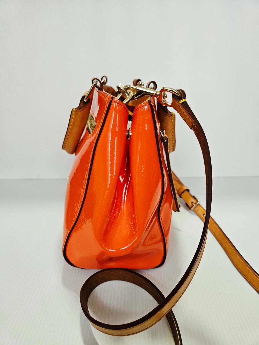 Dooney & Bourke Patent Leather Small Brenna Satchel in Melon Bag - Picture 10 of 16